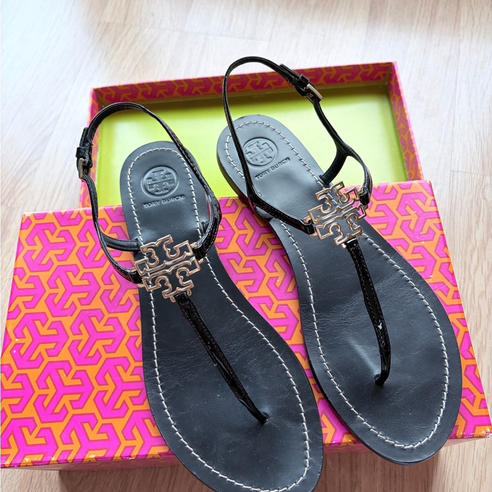 Melinda Black Flat Thong Sandals tory burch